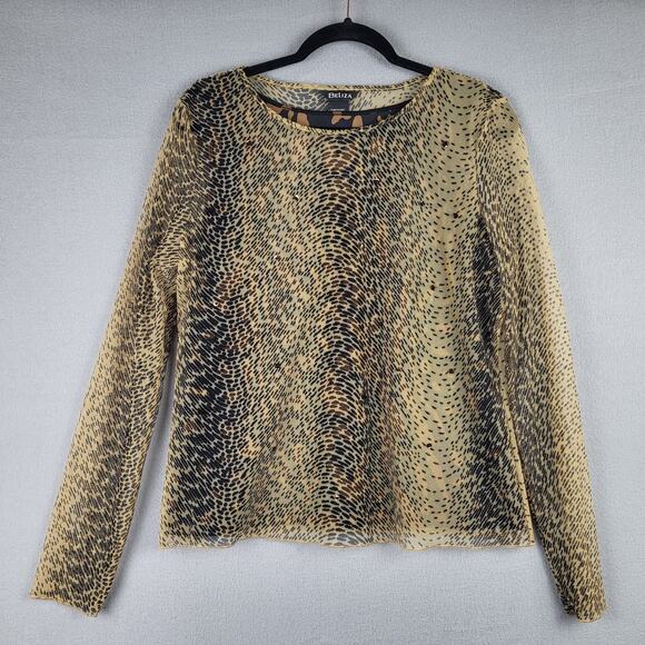 Beliza Women's Size L Long Sleeve Mesh Overlay Animal Print Top Cheetah Leopard - Picture 1 of 9